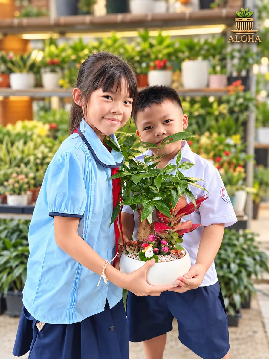 Khách hàng học sinh nhận cây tại quầy